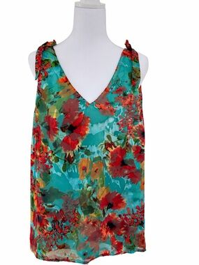 Floral Tie-Shoulder V-Neck Shell Top - Teal Red size L